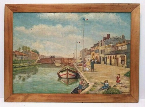 1939 FRENCH Signed by A P SAUTENEAU ORIGINAL O/C CANAL & WAREHOUSES FRAMED - Picture 2 of 11