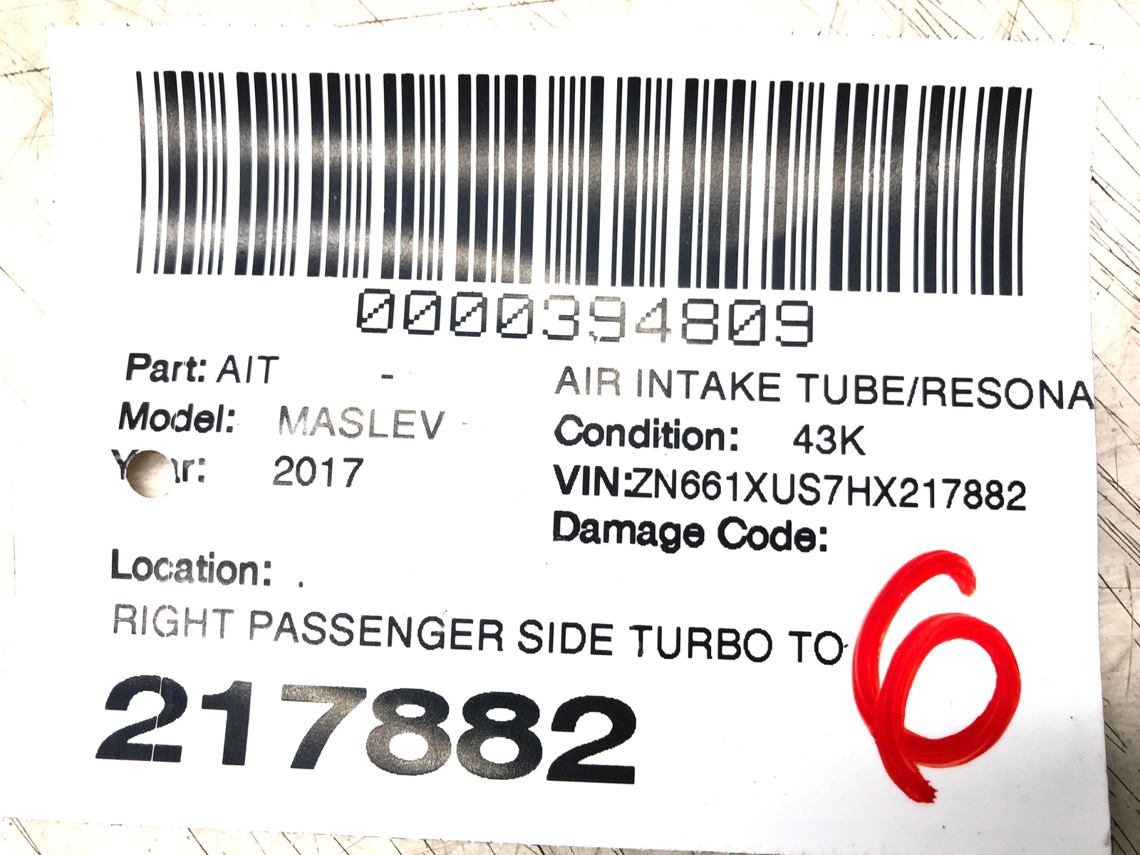 2017-2022 MASERATI LEVANTE RIGHT TURBO TO INTERCOOLER HOSE DUCT TUBE 670031965