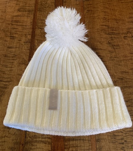 Calvin Klein women's Racer Stripe Ribbed Cream White Pom Pom knit Beanie hat