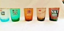 SET OF 5 Whisky brand GLASSES VINTAGE BAR PUB CUPS whitehorse vat 69 bell's