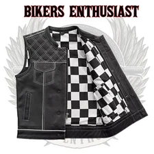 Men's Motorcycle Leather Vest White Checker & White Thread Concealed Waistcoat