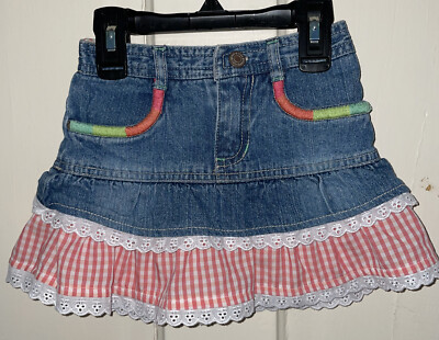 Genuine OSHKOSH Kids 2T Girls Medium Wash tiered Denim check eyelet skirt  Skort
