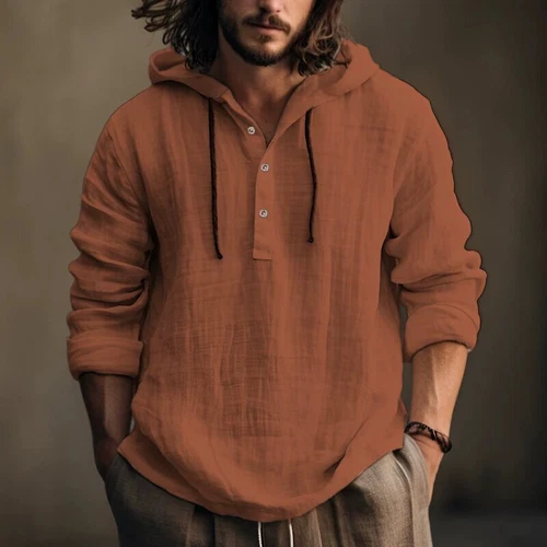 Men's Cotton Linen Hoodies Drawstring Button Hooded Swaeatshirts T Shirts Tops - Bild 23 von 41
