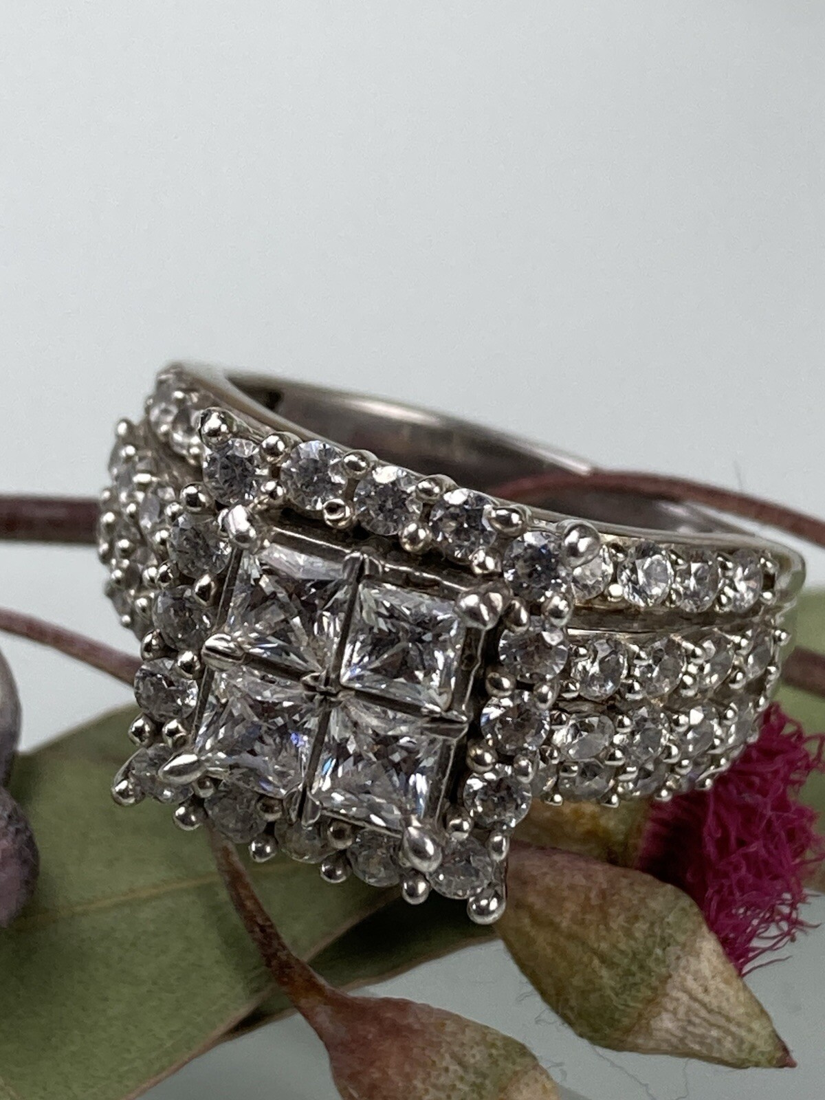 Sterling 925 Solid Silver Iced Cluster Cushion En… - image 2