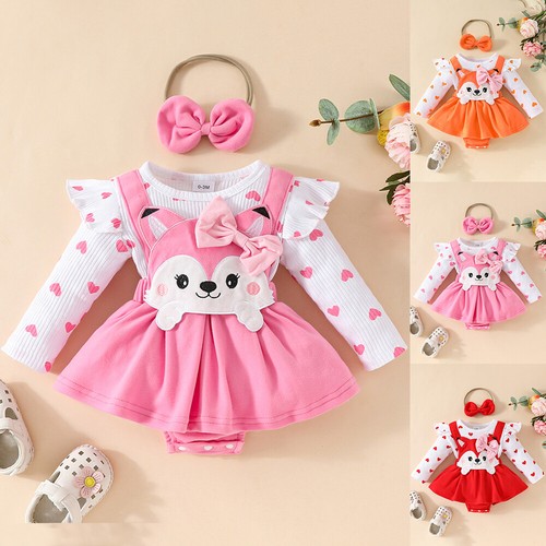 Newborn Baby Girls Ruffle Romper Bodysuit Dress Tops Clothes Headband Outfit Set