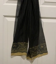 Cejon Chiffon Scarf Black Tan Lace Print 13"x62"  Rectangle Made in Italy R3-O6