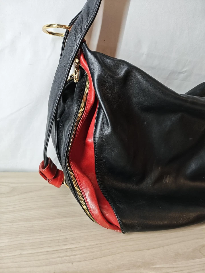 Bolso de Hombro Hobo de Cuero Marino Orlandi Negro Rojo Dorado Herrajes Hecho en Italia Foto 3 de 4