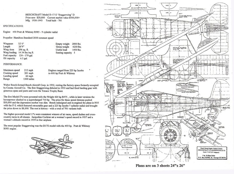 1/12 Scale Beech Stagger wing (32")  RC Plans,Templates and Instructions