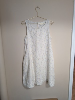 Cynthia Rowley Dress XS 100% Linen White Floral Sleeveless Cottage Mini Pockets 