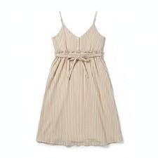 Line + Dot Striped Midi Dress Small Tan White Button Front Tie Waist Coastal