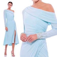 New Ieena Mac Duggal Foldover Jeweled Midi Dress Powder Blue 26485 Sz 0