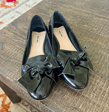 Miu Miu Black Patent Leather Ballet Flats Bow Rhinestone Accents US 9