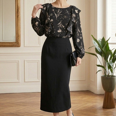 Mavi Bluse Schwarz Weiß Floral Sterne Muster Gr. M Volant Langarm