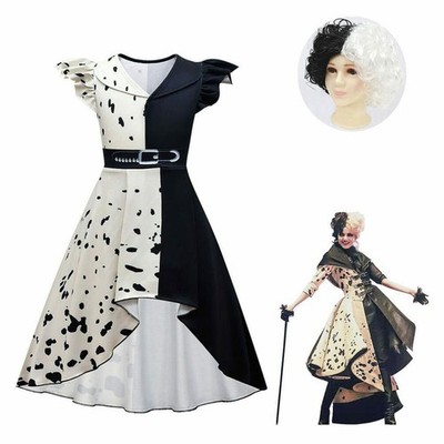 2025Cruella Cosplay Kostüm Kleid Perücke Halloween Anzug Mädchen Kostüm Geschenk