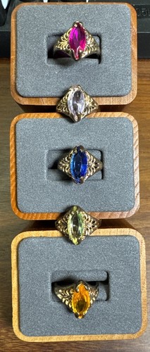 5 Vintage Antique Gold Tone Rhinestone CZ Rings. Red. Orange. Green. Blue. Clear
