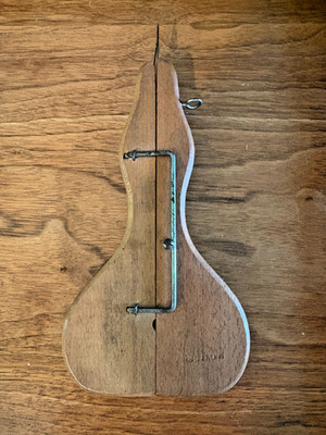 Vintage William Ross wood and metal rug hooking tool shuttle, Patent 1881