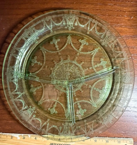 Vtg Glowing Depression Uranium Divided Grill Dinner Plate 1930s 12 inches