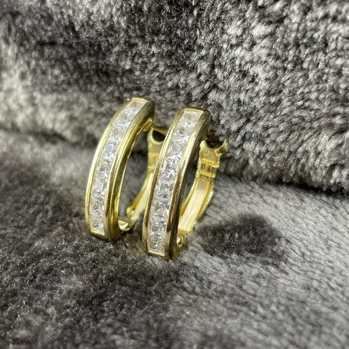 Sterling Silver Hoop Earrings Horseshoe Hoop CZ Encrusted Gold Tone 925