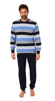 NORMANN Herren Pyjama, Rundhals, Langarm, Gestreift, Uni Hose, Bündchen, 74524