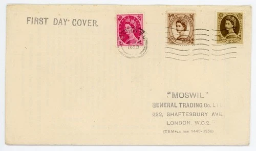 1953 GB 5d + 8d + 1/- on first day cover from London WC