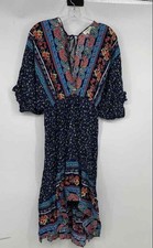 Umgee Womens Blue Floral 3/4 Sleeve V-Neck Fit & Flare Dress Size Small