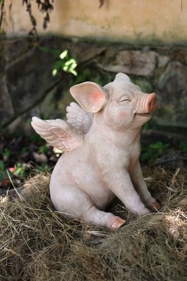 16.5'' Smiling Sitting Pig w/Wings Garden Statue Farm Decor Animal In/Outdoor