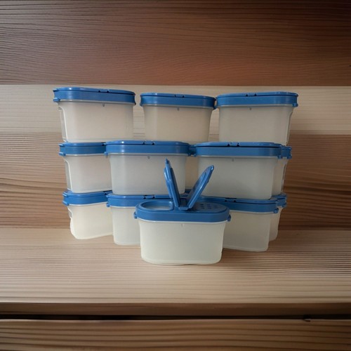 Set of 14 Tupperware Modular Mates Spice Containers Shakers w/Blue Lids Vintage