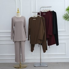 2pcs Muslim Women Blouse Top Long Pants Sets Casual Islamic Modest Outfits Suit