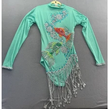 VTG Custom Dance Leotard Fish Embellished Long Slv Bodysuit Rhinestone Tassel