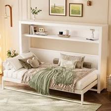 Twin Size Murphy Bed w/Shelves - Foldable Metal Wall Bed, Space-Saving Design