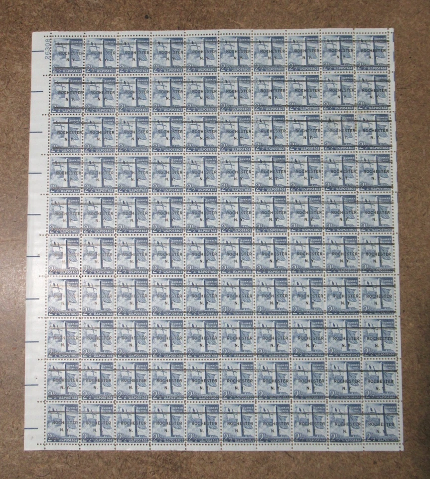 RARE Scott #1034 Bunker Hill Sheet of 100 Stamps - MNH - PRECANCEL ROCHESTER NY - Image 2 of 4