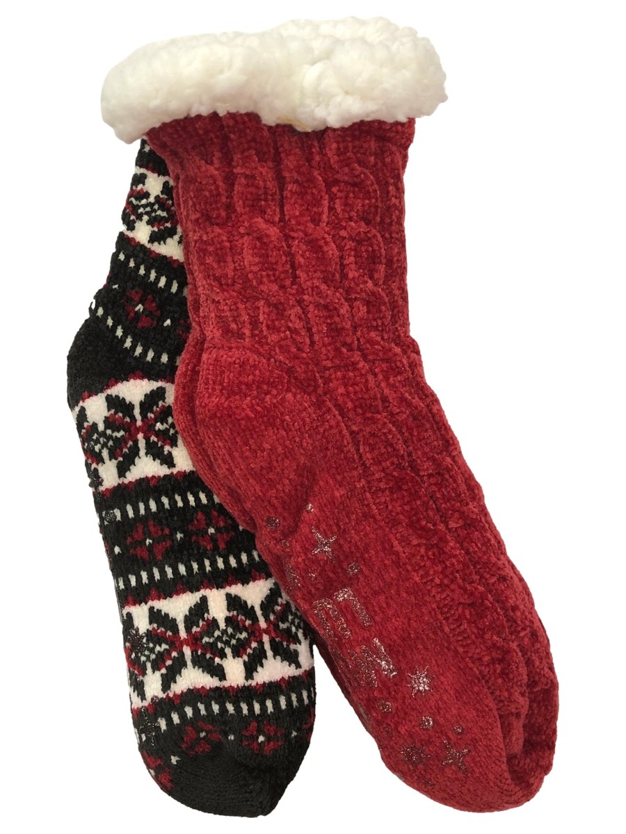 Muk Luks Womens 2pr Sherpa Cabin Socks Red Snowflake Slippers L/XL