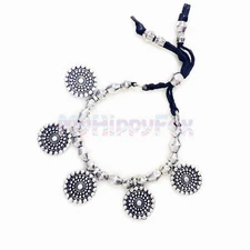 Lucky Brand Silver Tone Beaded Multi Medallion Disc Charm Leather Bracelet