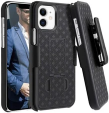 for iPhone 12 (6.1") - Black Holster Swivel Belt Clip Hard Kickstand Case Cover