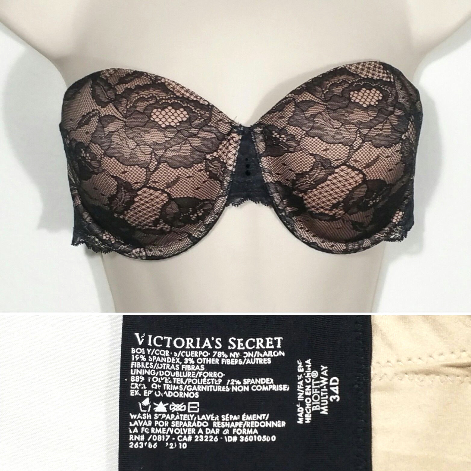 Victoria's Secret Size 34D Black Biofit Multi-Way Bra Strapless Floral Lace