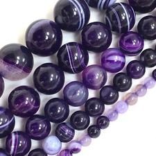 Gemstone Natural Purple Stripe Agate Smooth Round Loose Beads 15" Jewelry Making