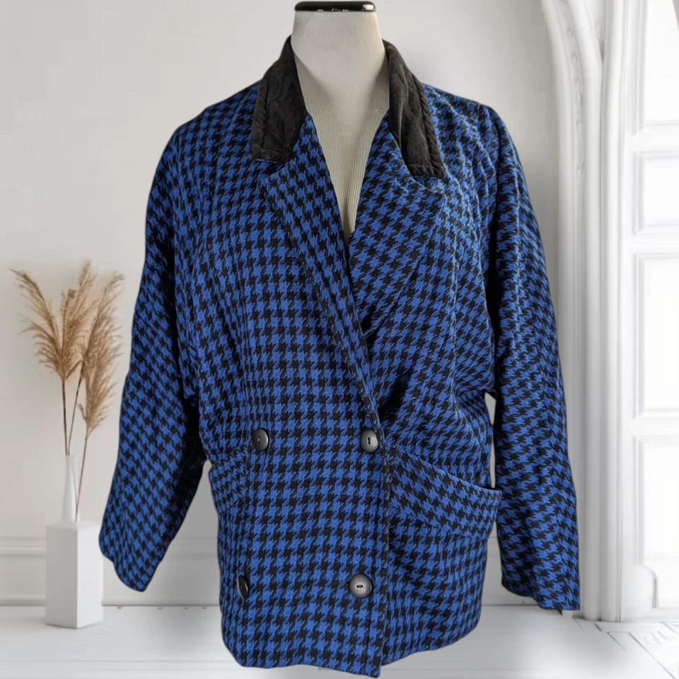 Chaqueta Vintage Años 80 Tweed Doble Pecho Talla L Azul Pata de Gallo Manga Dolman Foto 4 de 4