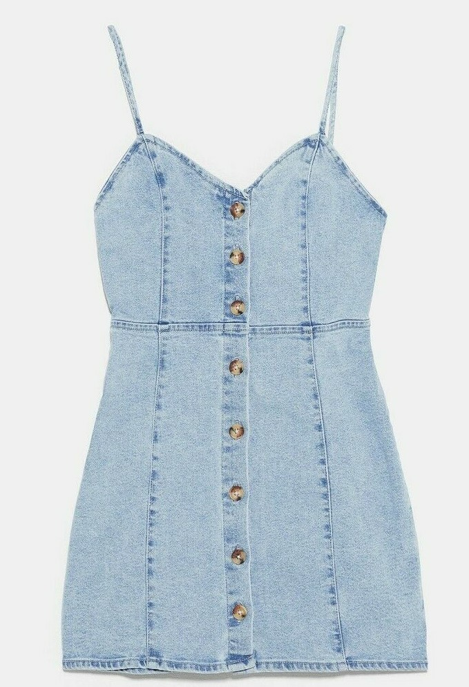 ZARA SS WOMAN SHORT DENIM MINI DRESS BUTTONED V-NECK BLUE XS