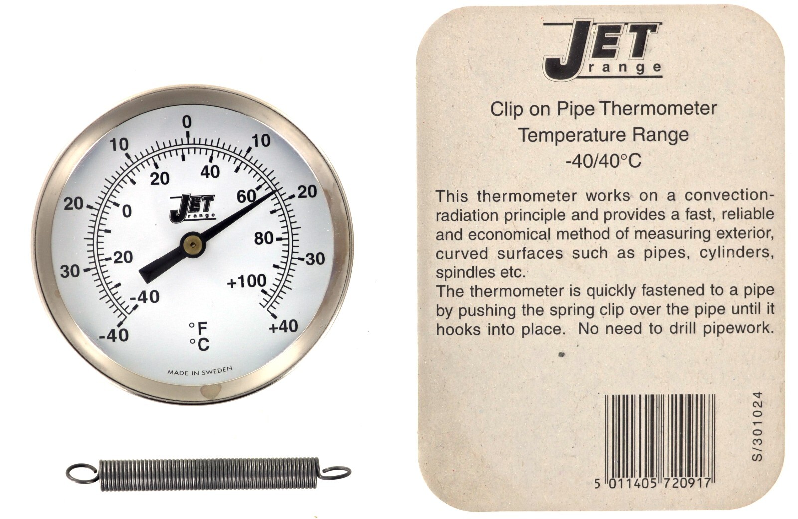 Clip on Pipe Thermometer with Spring ¦ 40C to +40C ¦ 40F to +104F