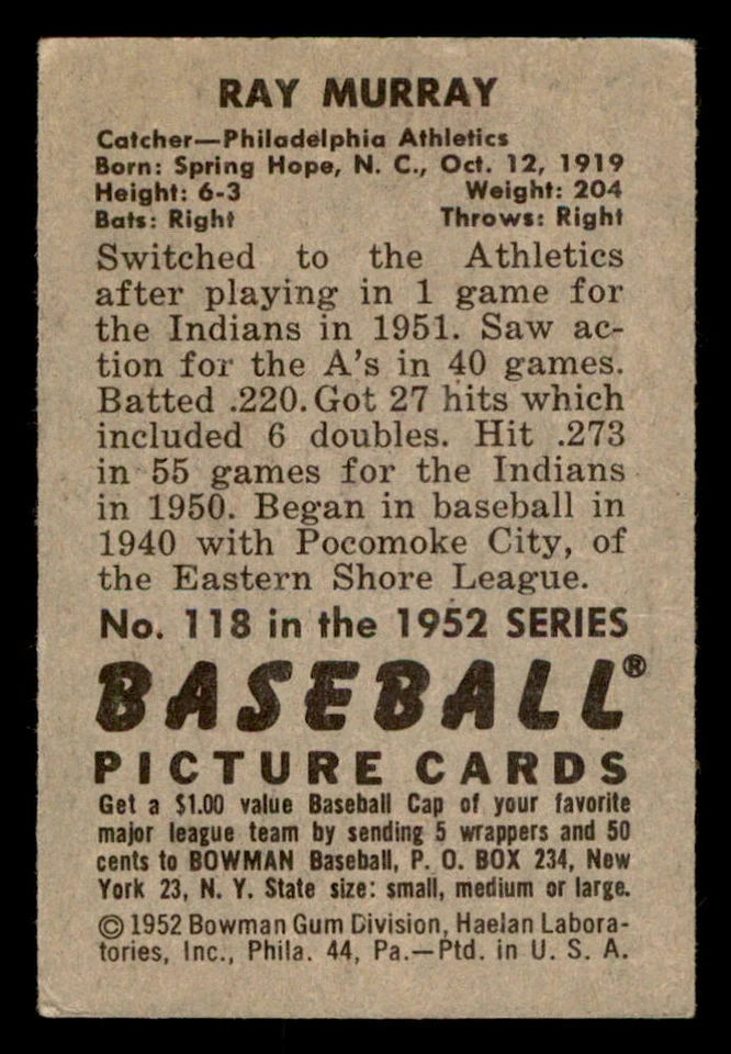 1952 Bowman #118 Ray Murray RC - Image 2 of 2