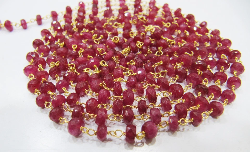 Cadena con cuentas de rosario de oro puro de 18 quilates rubí natural de 1 pie cuentas facetadas Rondelle de 4 mm Foto 2 de 4