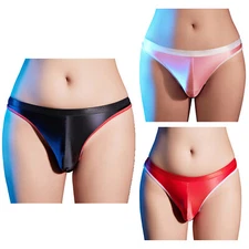 Men's Sissy Ice Silky Bugle Pouch Briefs Low Rise Sheer Thongs Bikini Underwear