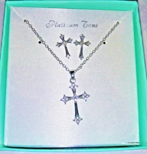 Silver Cross CZ Necklace Earring 2 pcs set clear adjustable 18-21" gift box New