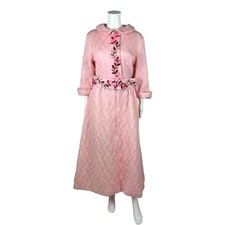 Vintage 70s Quilted Robe Women's Large Pink Embroidered Night Gown Deadstock