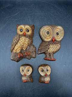Vintage 1970s Foam Owl Family Wall Hanging Decor Set 4pc Retro MCM Faux Wood