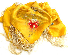 Antique Piano Scarf Canton Yellow Silk Damask Embroidered SHAWL w/Fringe