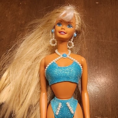 beach barbie dress Doll Pearl Vintage 1966 Blonde Blue Teal Swimsuit Earrings Mattel production