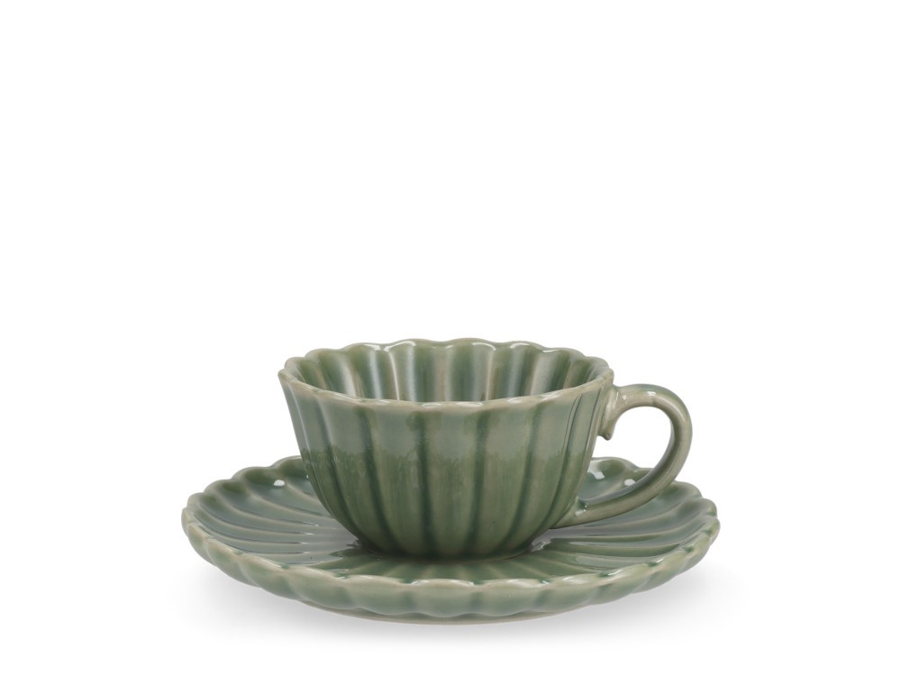 H&H 6 Green Coffee Cups Lotus With Stoneware Saucer 120 cc