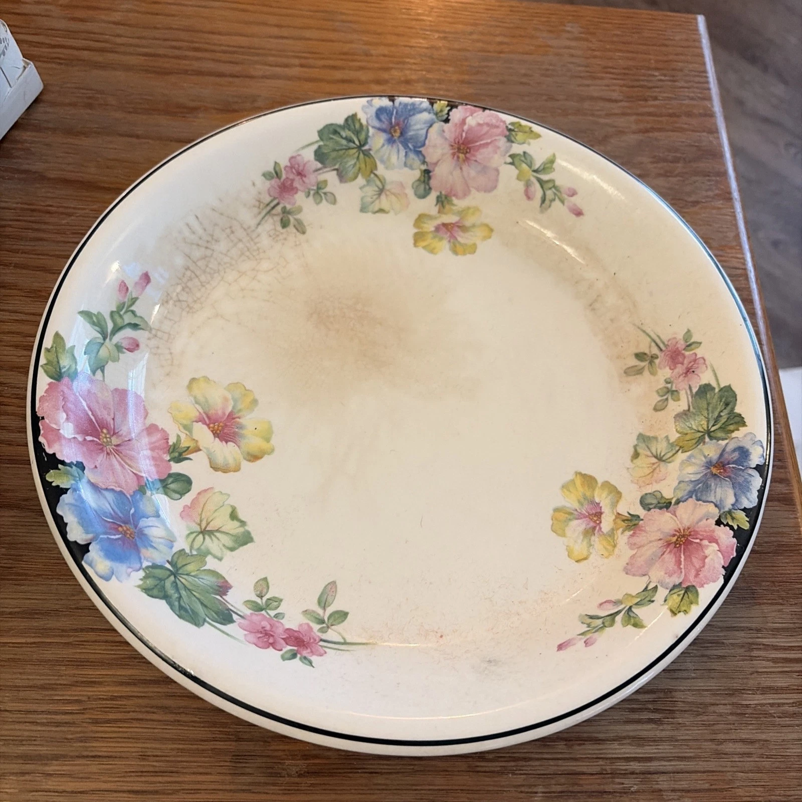 Harker Pottery Mallow Pastel Flowers Black Accents Pie Pan Plate / Dish Crazing!
