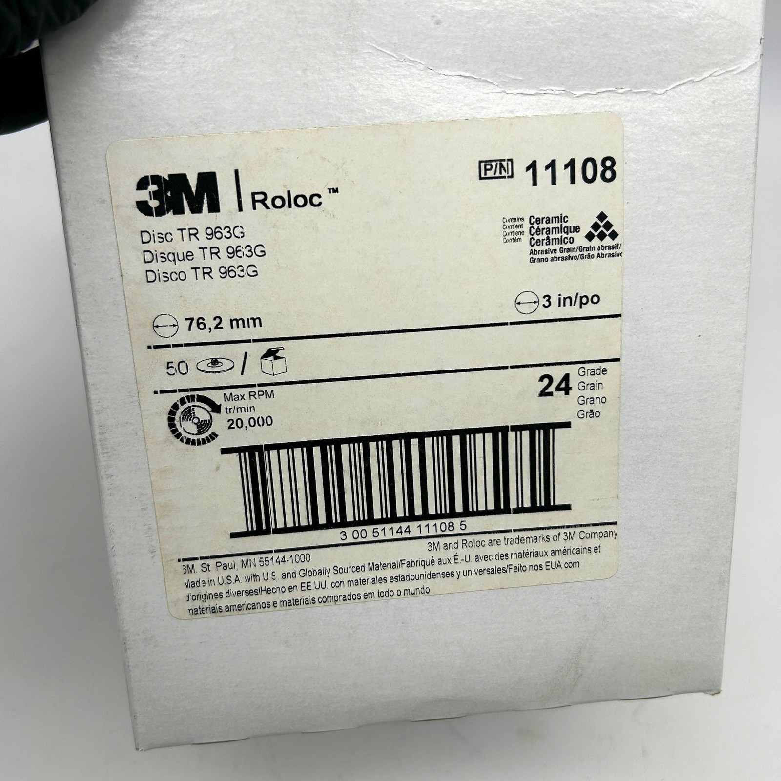 3M Roloc 11108 Disc 3in TR 963G 24 Grit Very Course Quick Change Ceramic 50pk